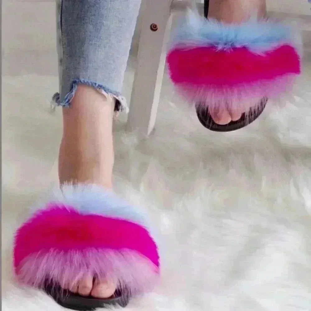 NEW Super cute Faux Fur Slides/Slippers/Flip Flops / Shoes - Blue/Pink/Purple